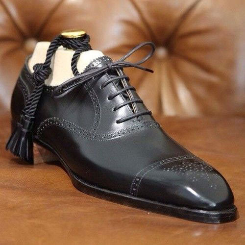 Tailor Made Handmade Bespoke Black Leather Toe Cap Lace Up Whole Cut Formal Dress Men's Oxford Shoes