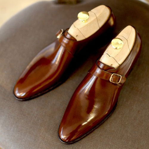 Tailor Made Handmade Bespoke Brown Leather Single Monk Strap Buckle Men's Shoes