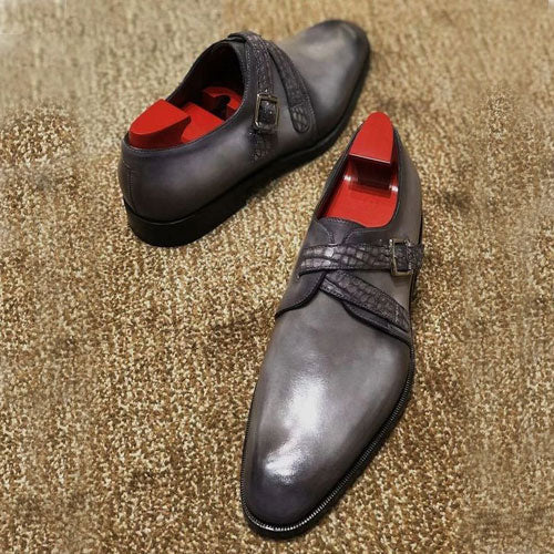 Tailor Made Handmade Bespoke Grey Leather Monk Strap Formal Dress Men's Shoes