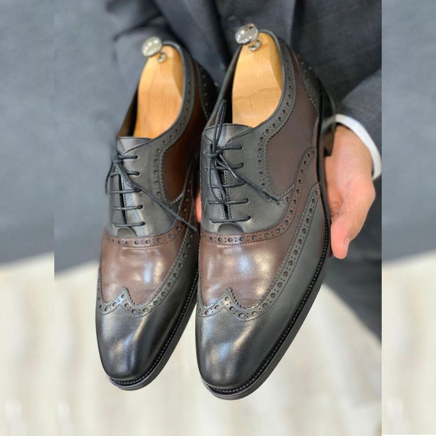 Tailor Made Handmade Bespoke Two Tone Genuine Leather Wingtip Oxford Men's Shoes