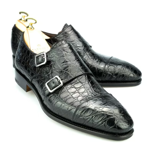 Tailor Made Handmade Black Crocodile Texture Leather Double Buckle Monk Strap Shoes