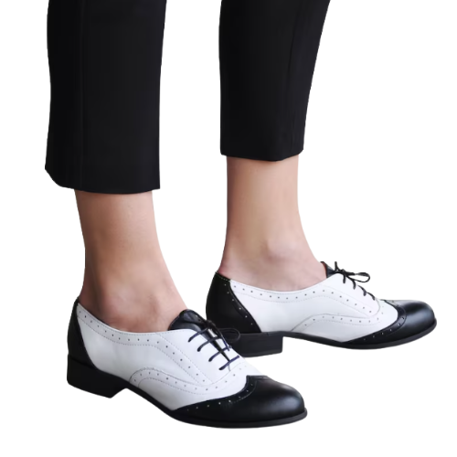 Tailor Made Handmade Black & White Genuine Leather, Wingtip Shoes, Brogue Spectator Womens Oxford Shoes