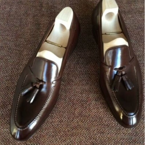 Tailor Made Handmade Brown Leather Slip On Loafer Tassel Moccasin Formal Dress Men's Shoes