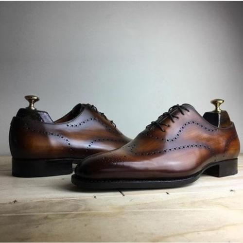 Tailor Made Handmade Brown Shaded Leather Lace up Punching Wingtip Oxford Formal Dress Shoes