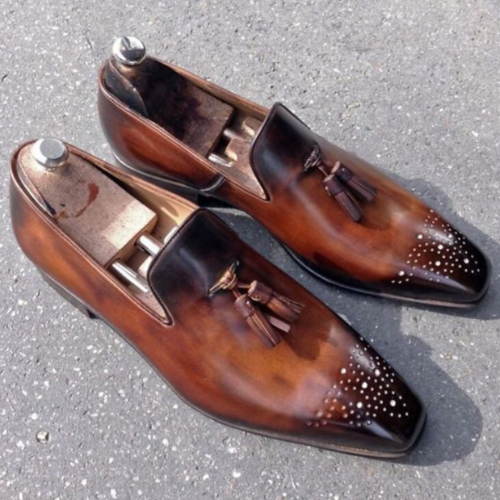 Tailor Made Handmade Brown Shaded Leather Slip On Loafer Tassel Moccasin Formal Dress Men's Shoes