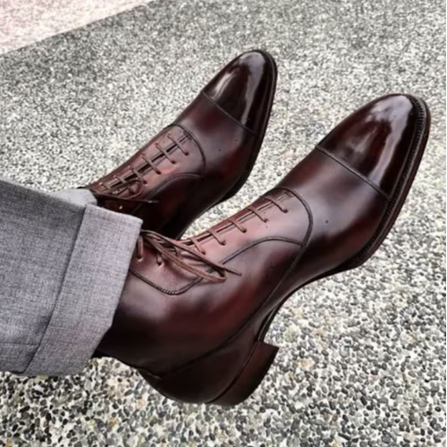 Tailor Made Handmade Burgundy Leather Lace up Cap Toe Ankle High Formal Men's Boot
