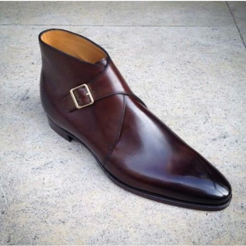 Tailor Made Handmade Burgundy Leather Toe Shaded Buckle Strap Monk Chukka Boot