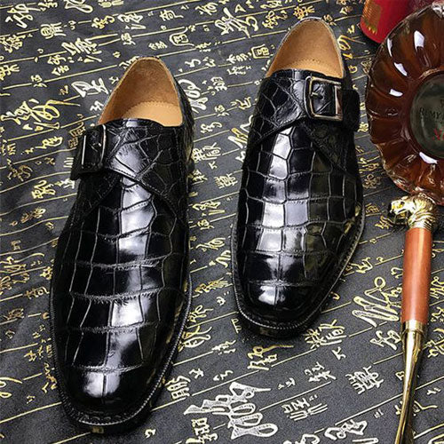 Tailor Made Handmade Crocodile Print Black Leather Monk Strap Men's Shoes