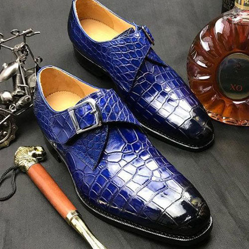 Tailor Made Handmade Crocodile Print Blue Leather Monk Strap Men's Shoes