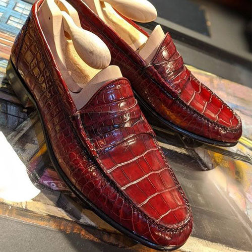 Tailor Made Handmade Crocodile Print Red Leather Moccasin Loafers Formal Dress Men's Shoes