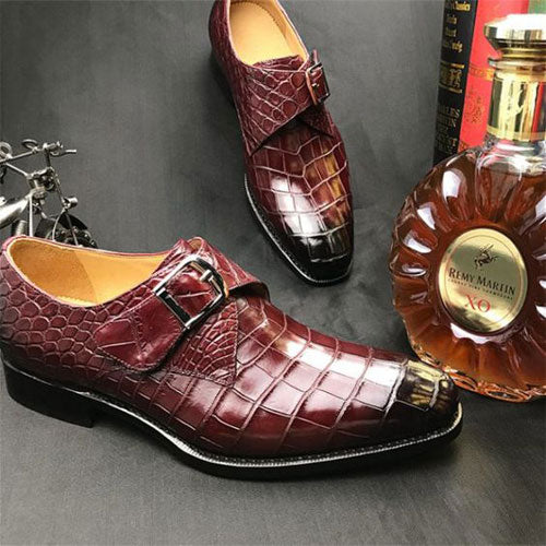 Tailor Made Handmade Crocodile Print Red Leather Monk Strap Men's Shoes