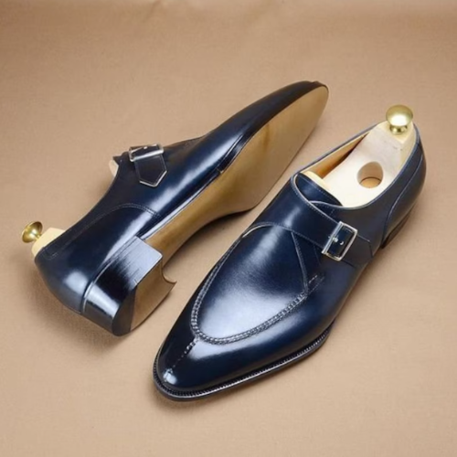 Tailor Made Handmade Navy Blue Leather Single Buckle Monk Strap Formal Dress Men's Shoes