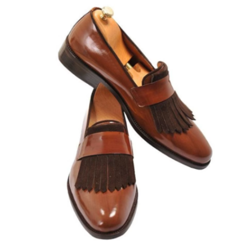 Tailor Made Handmade Tan Leather With Brown Suede Kiltie Fringe Slip On Loafer Moccasin Men's Shoes