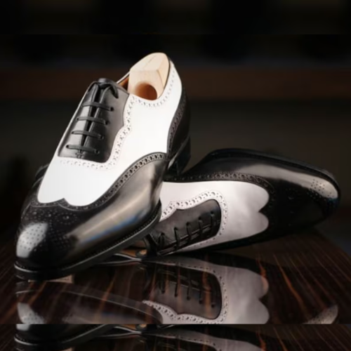 Tailor Made Handmade Two Tone Black & White Leather Lace up Wingtip Brogue Men's Shoes