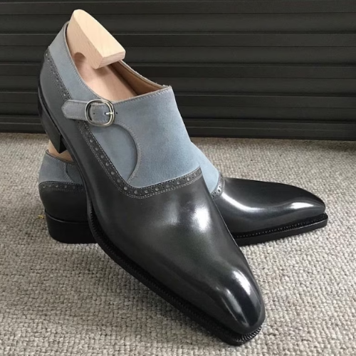 Tailor Made Handmade Two Tone Grey Suede & Dark Grey Leather Single Buckle Strap Monk Shoes