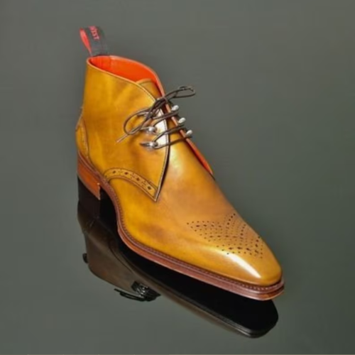 Tailor Made Handmade Yellow Leather Elegant Toe Design Lace up Chukka Formal Dress Boots